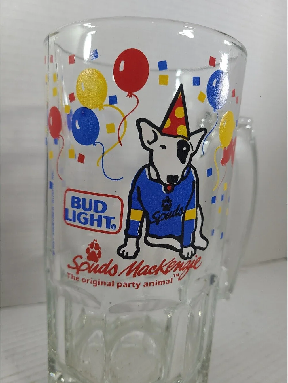 Bud Light Spuds MacKenzie Vintage 1987 Glass Beer Mug The Original Party Animal